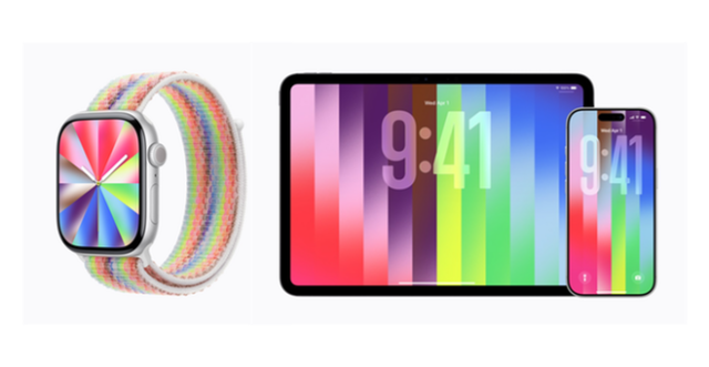 The new Apple Watch Pride Edition Sport Loop, Watch face, and iPhone and iPad wallpaper.