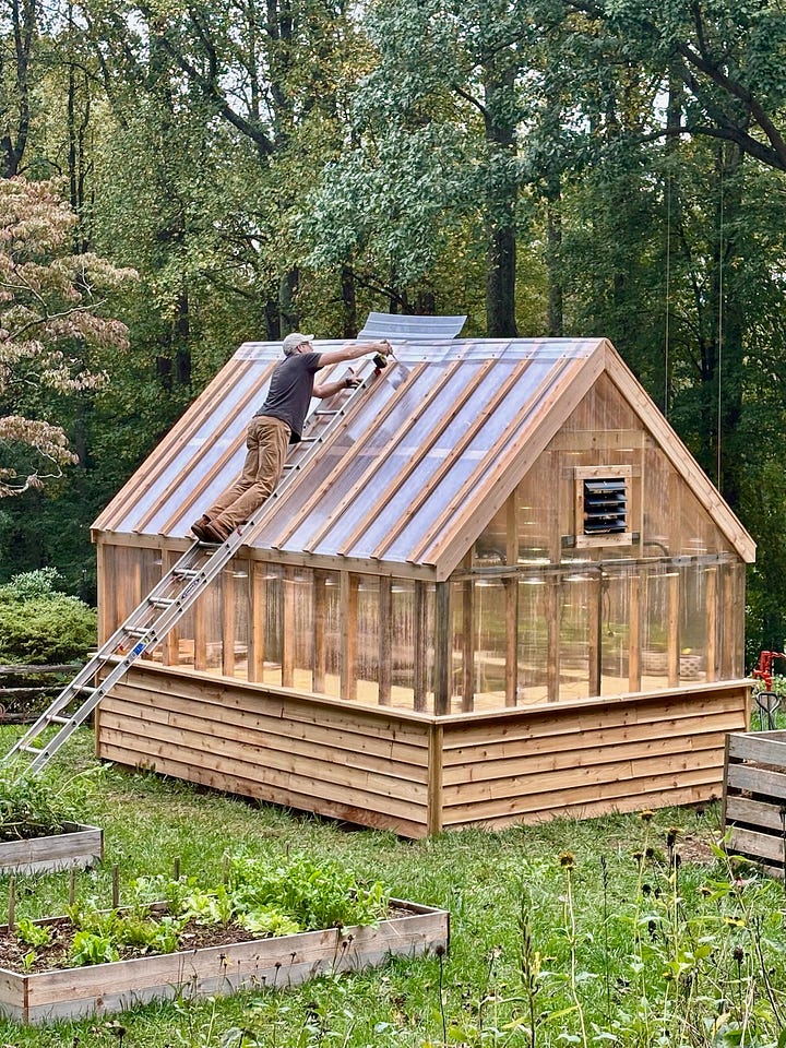 Two photos showing a man screwing battens and a ridge cap to a greenhouse.