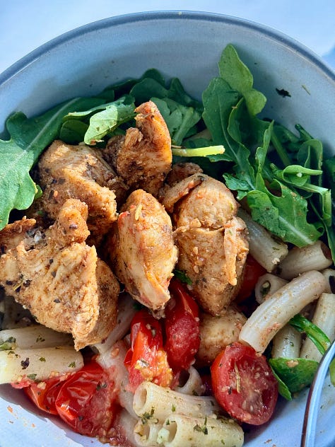 Fresh greens taco salad, Gluten-free mini beef sliders with a simple kale salad, grilled chicken & arugula pesto pasta