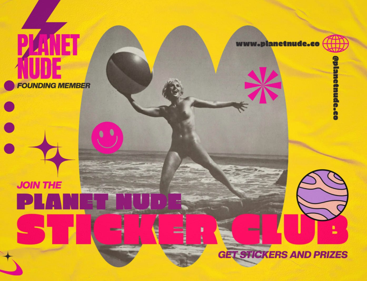Promo image for the Planet Nude Sticker Club featuring a vintage nude beach photo with colorful retro graphics and bold text on a yellow background. Promo image for the Planet Nude Sticker Club featuring a vintage nude beach photo with colorful retro graphics and bold text on a yellow background.