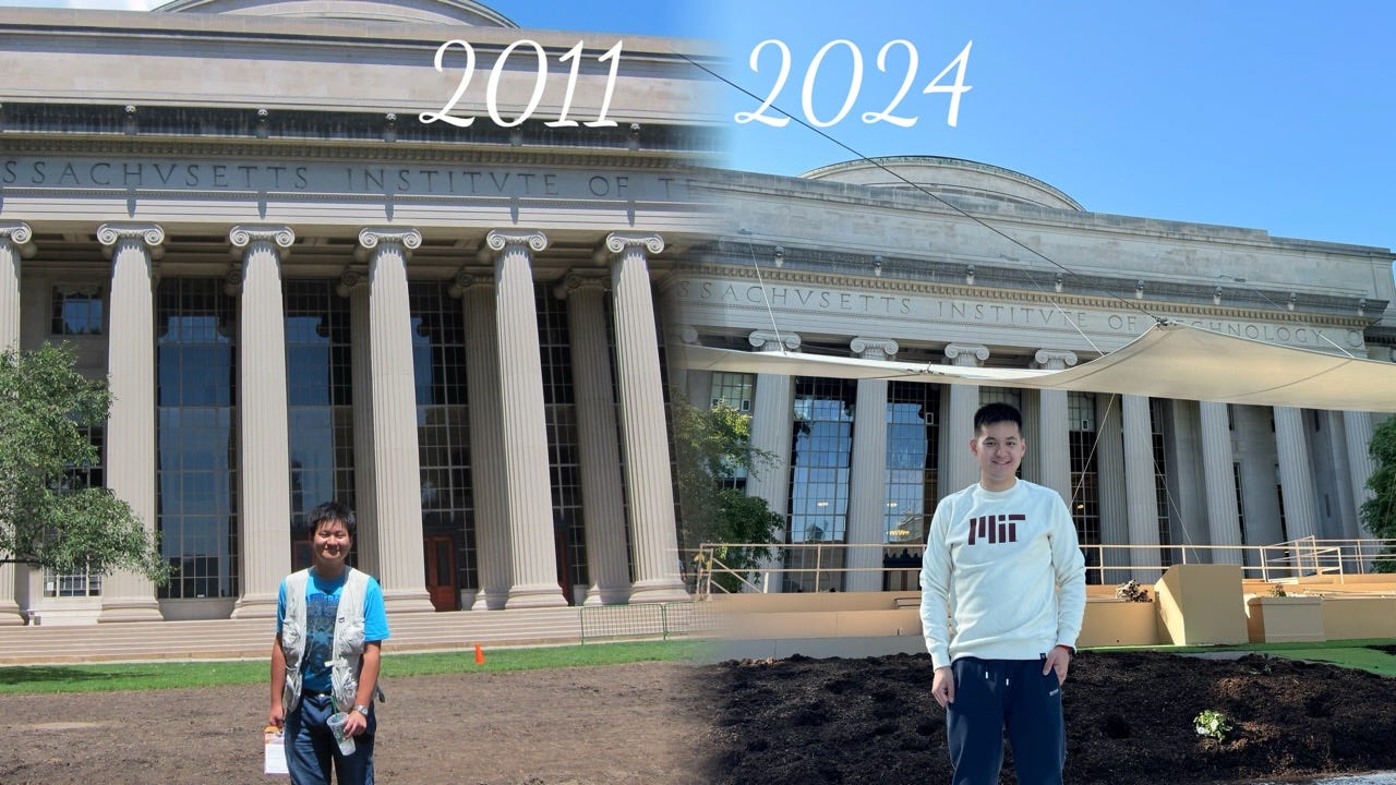 Side-by-side photos of Junru standing in front of MIT's Great Dome in 2011 and 2024 Side-by-side photos of Junru standing in front of MIT's Great Dome in 2011 and 2024