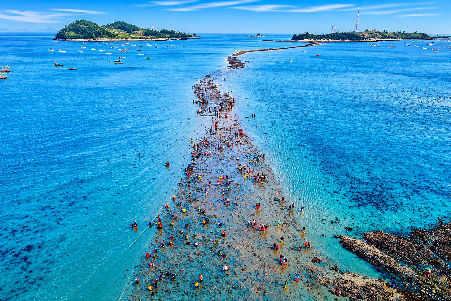 An aerial view captures the full scale of the Jindo tidal pathway, where thousands gather to cross the temporary land bridge revealed by the retreating ocean.