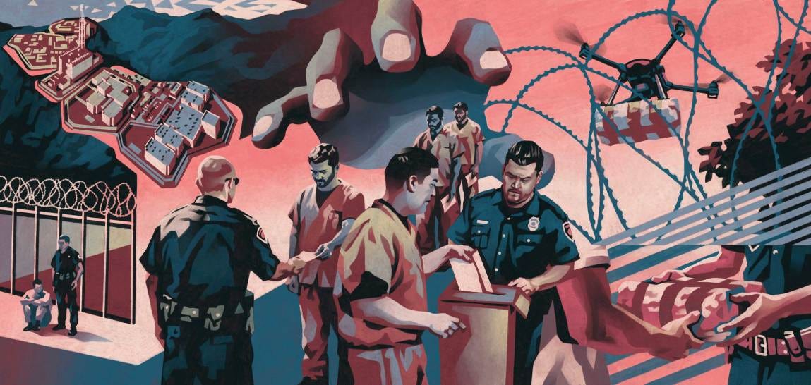 In the foreground, men in orange prison uniforms queue with ballots in their hands while watched by prison guards; one man is dropping a document into a ballot box, while another presents his ballot for review by the officer. A massive looming hand casts a shadow over the scene. The upper-left corner shows an aerial view of a prison complex nestled in dark mountains, while the upper-right features a drone carrying a package, surrounded by swirling loops of barbed wire. 