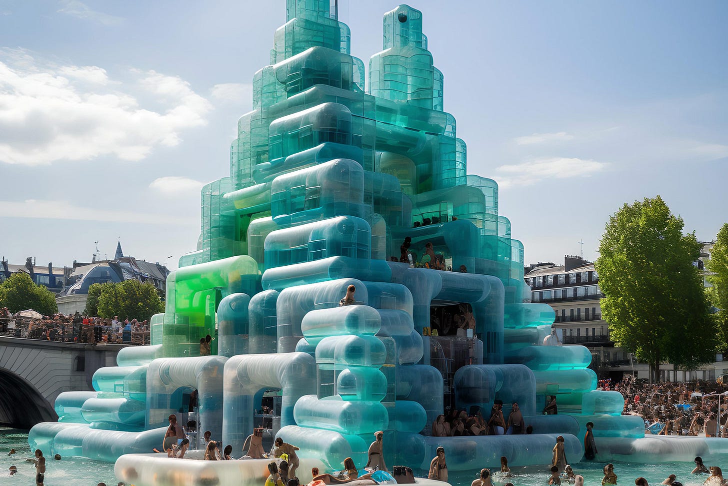 Floating Fantasies by design studio Ulises, an AI image of an inflatable structure with people climbing on it Floating Fantasies by design studio Ulises, an AI image of an inflatable structure with people climbing on it