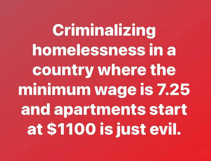 May be an image of text that says 'Criminalizing homelessness in a country where the minimum wage is 7.25 and apartments start at $1100 is just evil.'