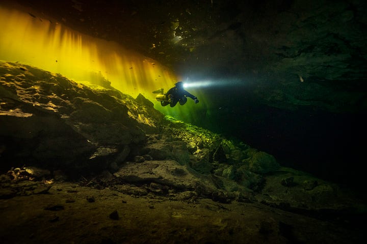 Klaus navigating the underwater caverns below Quintana Roo