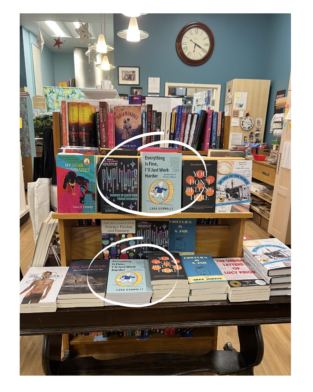 a book display in a bookstore with Everything is Fine, I'll just work harder circled