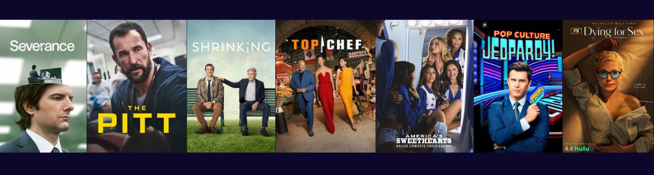 Graphic of tv posters of my favorites of the year. From left to right: severance, the Pitt, shrinking, top chef, America’s sweethearts, pop culture jeopardy, dying for sex Graphic of tv posters of my favorites of the year. From left to right: severance, the Pitt, shrinking, top chef, America’s sweethearts, pop culture jeopardy, dying for sex