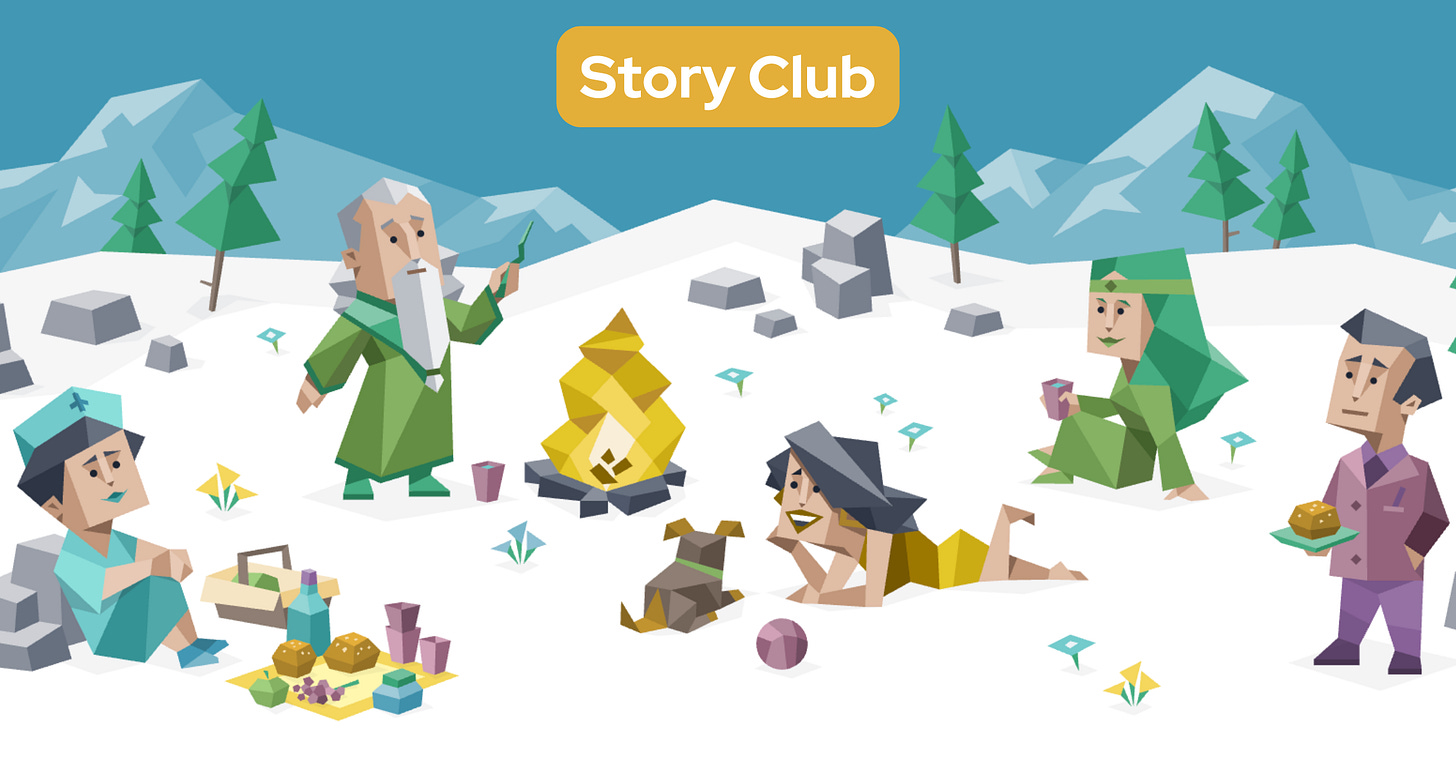 Five friends and a dog sit around a campfire in the woods. Text in a yellow banner reads: Story Club