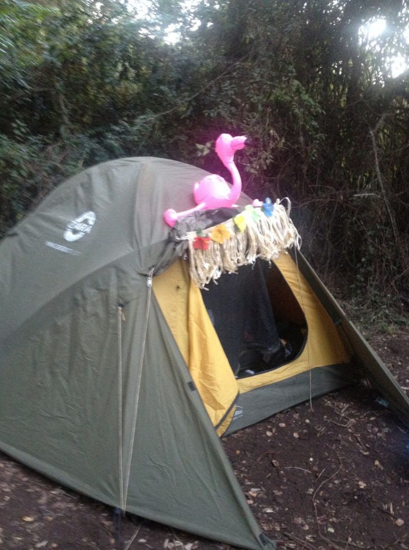 An inflatable pink flamingo and a raffia grass skirt with plastic flowers decorate the top of a small dome tent pitched in dim green forest, with a pair of boots visible inside the open tent door. An inflatable pink flamingo and a raffia grass skirt with plastic flowers decorate the top of a small dome tent pitched in dim green forest, with a pair of boots visible inside the open tent door.