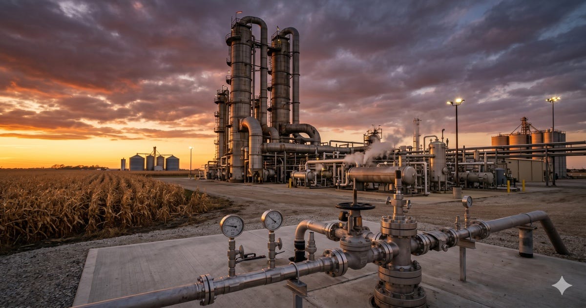 Industrial carbon capture facility at dusk showing amine absorber towers, regeneration equipment, and CO2 injection wellhead infrastructure at the edge of an Illinois cornfield Industrial carbon capture facility at dusk showing amine absorber towers, regeneration equipment, and CO2 injection wellhead infrastructure at the edge of an Illinois cornfield