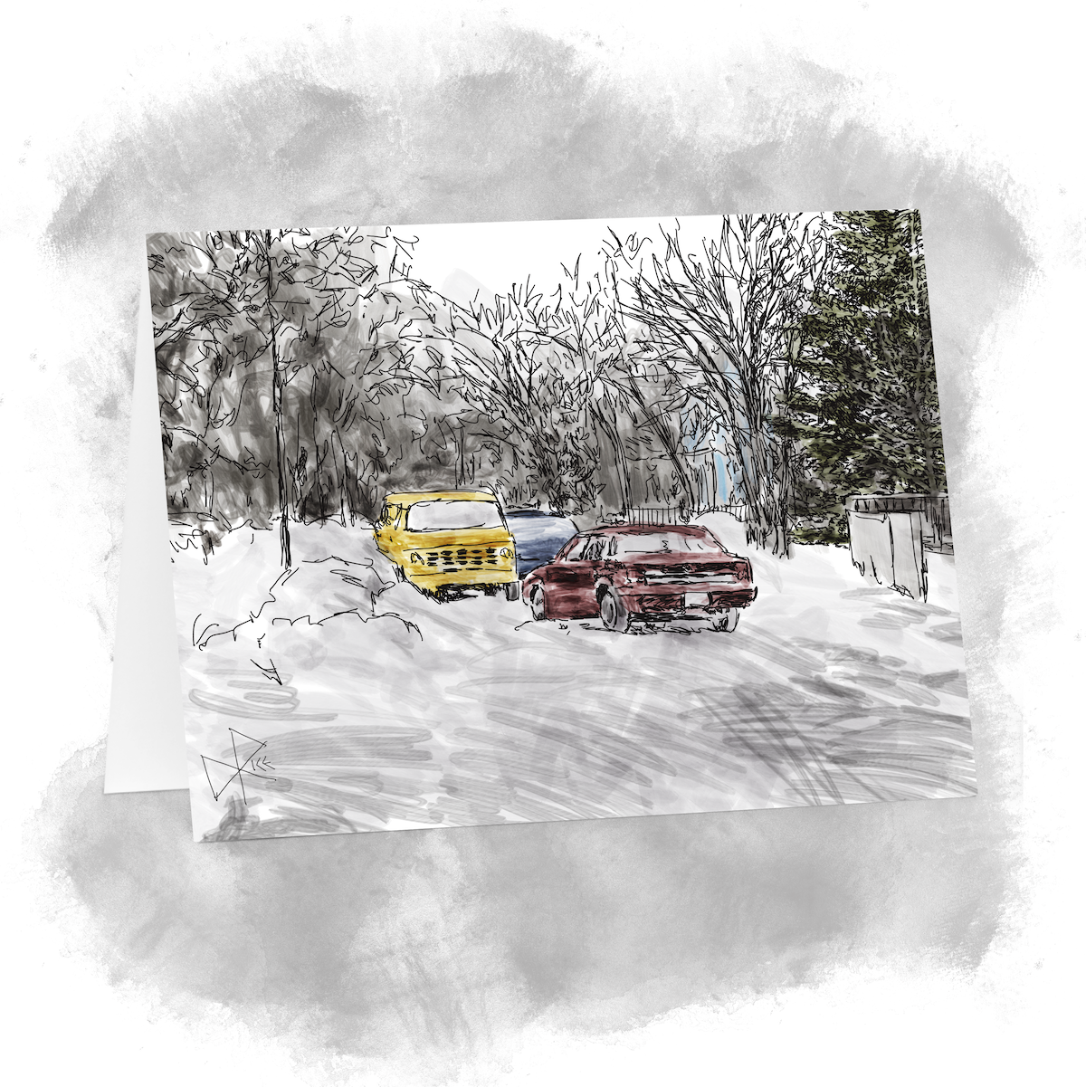 Two vehicles trying to commute in opposite directions on a residential street, but the snow and other parked automobiles make it a challenge to get past each other. Of course, the sedan should relinquish, but seems unwilling to do so. Sketch art by Don Rice. Two vehicles trying to commute in opposite directions on a residential street, but the snow and other parked automobiles make it a challenge to get past each other. Of course, the sedan should relinquish, but seems unwilling to do so. Sketch art by Don Rice.