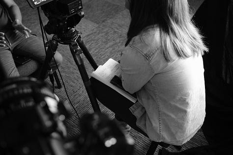 9 photos from the interview day with David. Photos feature Claire, Murray, Garrett, Jody, & David on set in the church sanctuary.