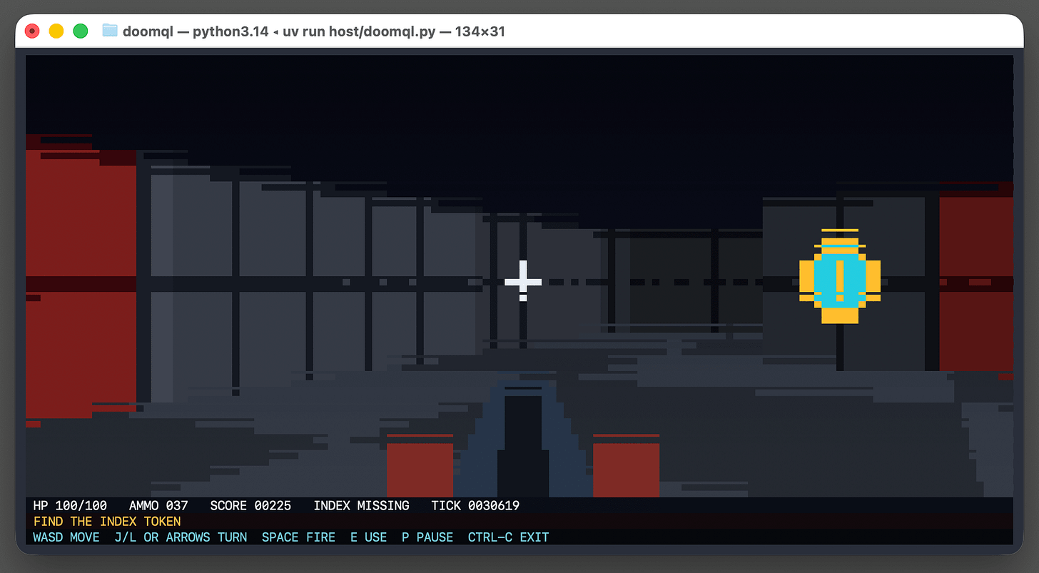 Screenshot of a macOS terminal window titled "doomql — python3.14 ◂ uv run host/doomql.py — 134×31" showing a retro Doom-style game rendered as text-mode pixel art. The scene is a pixelated first-person corridor with gray paneled walls, dark red doors on the far left and right, a floating cyan-and-gold coin pickup on the right side, a white crosshair near the center, and a dark weapon barrel rising from the bottom center. A status bar below the scene reads "HP 100/100 AMMO 037 SCORE 00225 INDEX MISSING TICK 0028450", followed by an orange line "FIND THE INDEX TOKEN" and a cyan controls line "WASD MOVE J/L OR ARROWS TURN SPACE FIRE E USE P PAUSE CTRL-C EXIT".