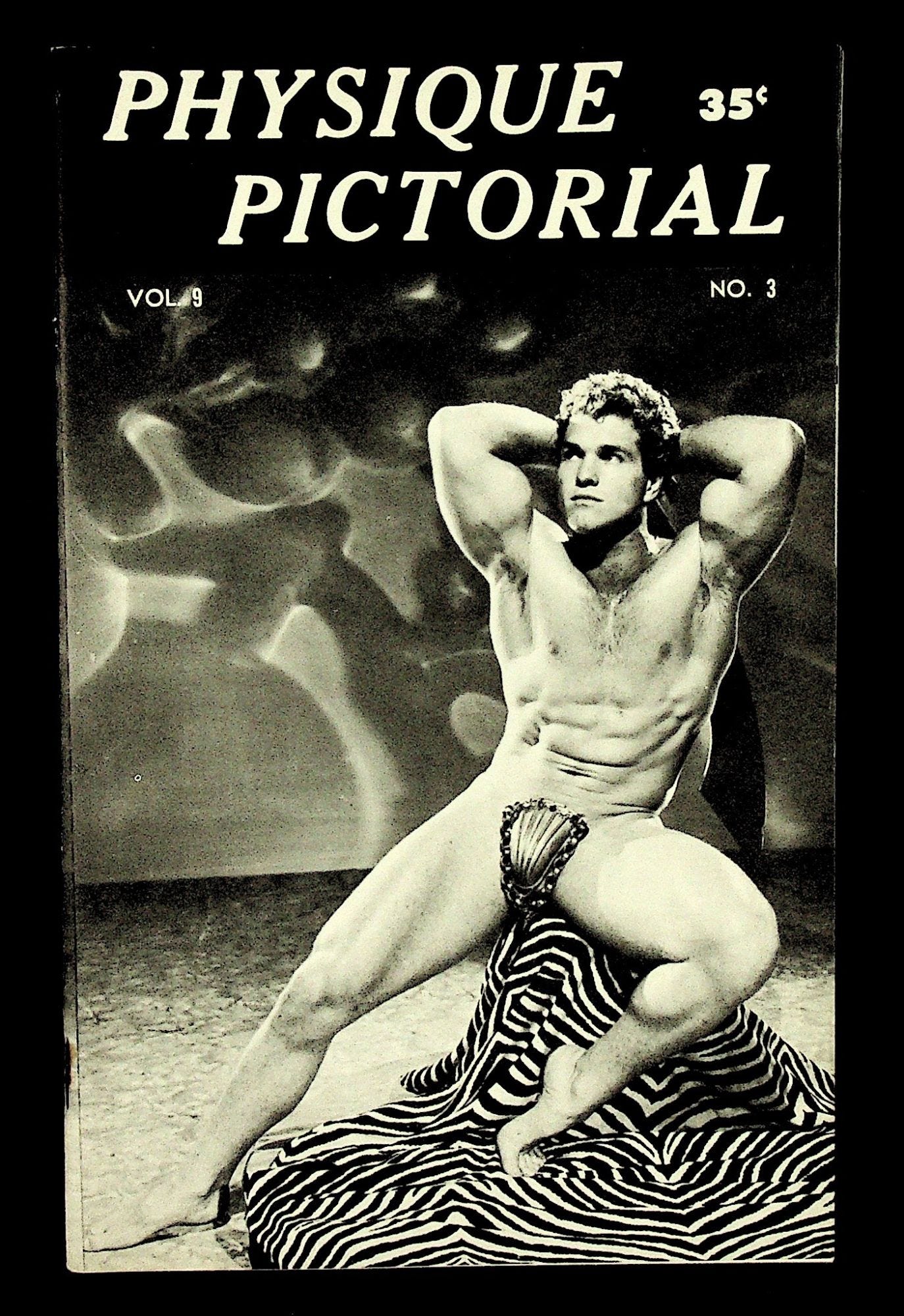 The black-and-white cover of Physique Pictorial, Vol. 9 No. 3, January 1960, showing a muscular young man posed nude but for a posing strap on a zebra-print cloth, hands behind his head, priced 35 cents.