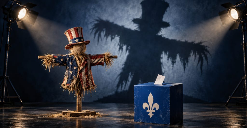 Image actuelle : Épouvantail aux couleurs américaines projetant une grande ombre derrière une urne québécoise, sous des projecteurs.