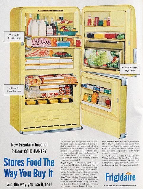 This may contain: an advertisement for frigidaire refrigerators with the door open and food in it