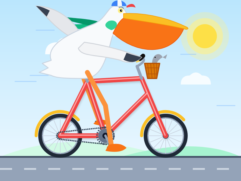 Whimsical flat-style illustration of a pelican wearing a blue and white baseball cap, riding a red bicycle with yellow-rimmed wheels along a road. The pelican has a large orange bill and a green scarf. A small fish peeks out of a brown basket on the handlebars. The background features a light blue sky with a yellow sun, white clouds, and green hills. Whimsical flat-style illustration of a pelican wearing a blue and white baseball cap, riding a red bicycle with yellow-rimmed wheels along a road. The pelican has a large orange bill and a green scarf. A small fish peeks out of a brown basket on the handlebars. The background features a light blue sky with a yellow sun, white clouds, and green hills.