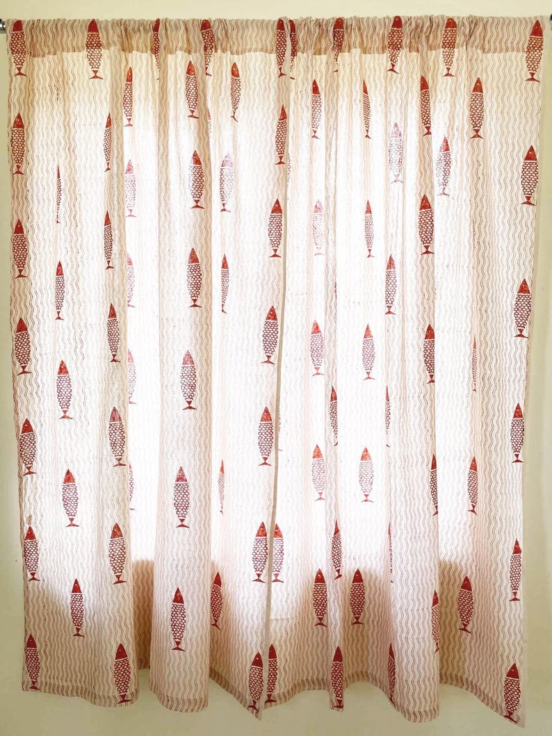 Rust Fish Hand Block Printed Cotton Curtains, Organic Cotton Shades, Organic Cotton Drapes, Baby Nursery Drapes, Hand Block Printed Curtains image 2