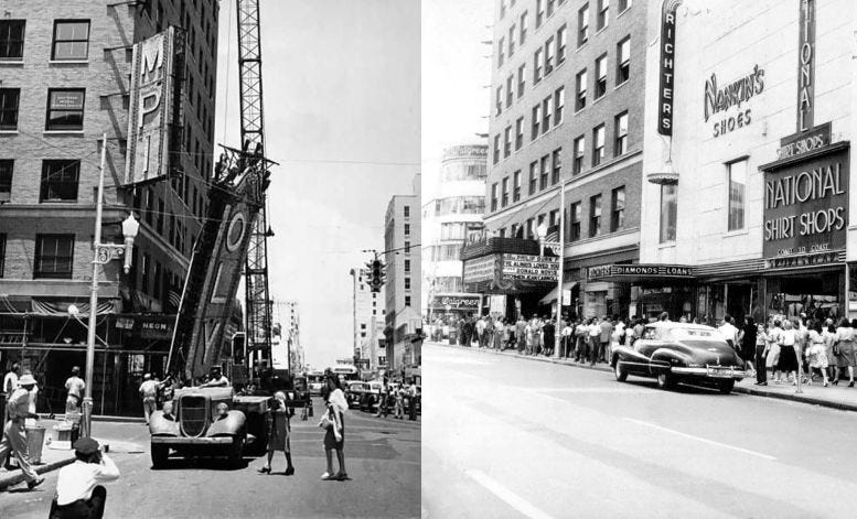 Olympia Theater sign being removed on June 25, 1946 (left), and the theater building from Flagler Street looking west to east in 1947 (right). Olympia Theater sign being removed on June 25, 1946 (left), and the theater building from Flagler Street looking west to east in 1947 (right).