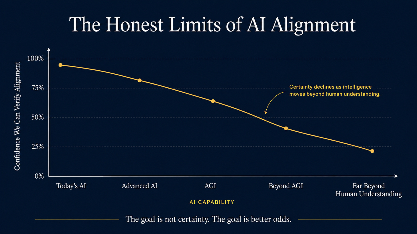 A line chart showing the confidence we can verify alignment falling as AI capability rises beyond human understanding.