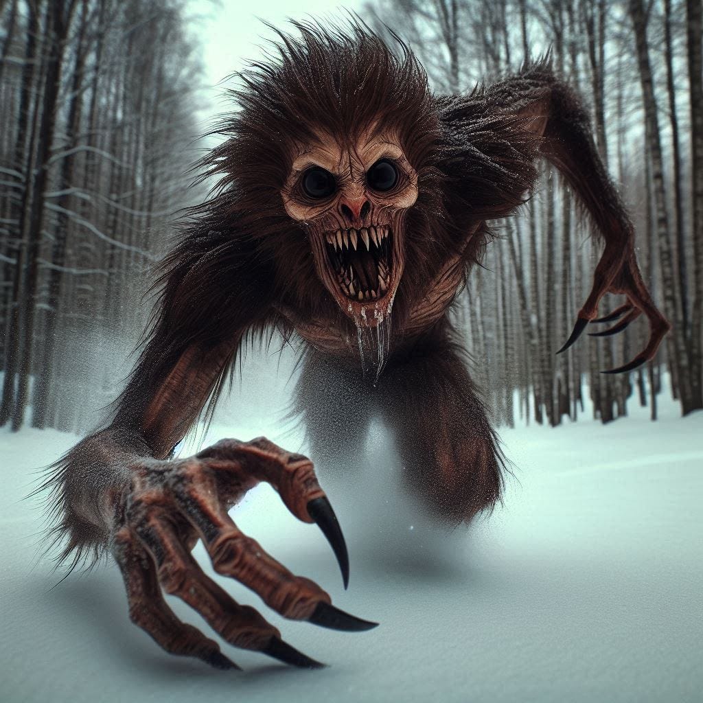 An action oriented image. The wendigo rushing toward us through the snowy forest looked almost human under the fur—almost, but not quite. It was tall, maybe seven feet, with unnaturally long limbs and fingers that ended in claws. Its skin underneath the dark brown fur that covered its face and body was pale, almost translucent. The eyes were too large, too black, and set too far apart. The mouth was too wide, filled with sharp numerous teeth. demonic facial expression.