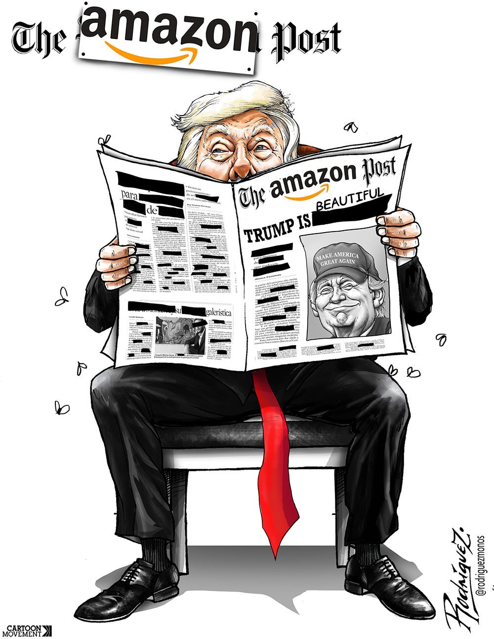 Cartoon showing Donald Trump reading a heavily redacted newspaper. The headline on the front page reads 'Trump is beautiful'. The title of the newspaper is 'The Amazon Post'.