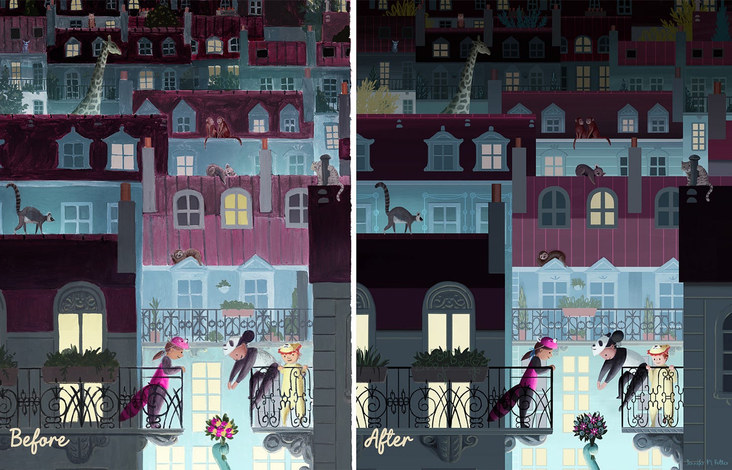 Illustration by Jennifer M Potter of kids accepting a bouquet from an elephant with animals in the background hanging out free in the city. On the left is the first version done in late 2017, and on the right is the second version, done in early 2018