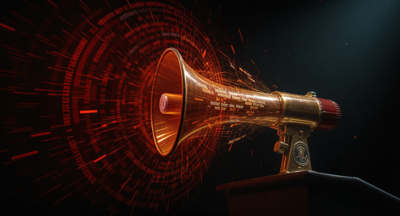 Presidential megaphone emitting visible sound waves of escalating violent rhetoric, each concentric ring carrying progressively more extreme language that visibly fractures the surrounding space Presidential megaphone emitting visible sound waves of escalating violent rhetoric, each concentric ring carrying progressively more extreme language that visibly fractures the surrounding space