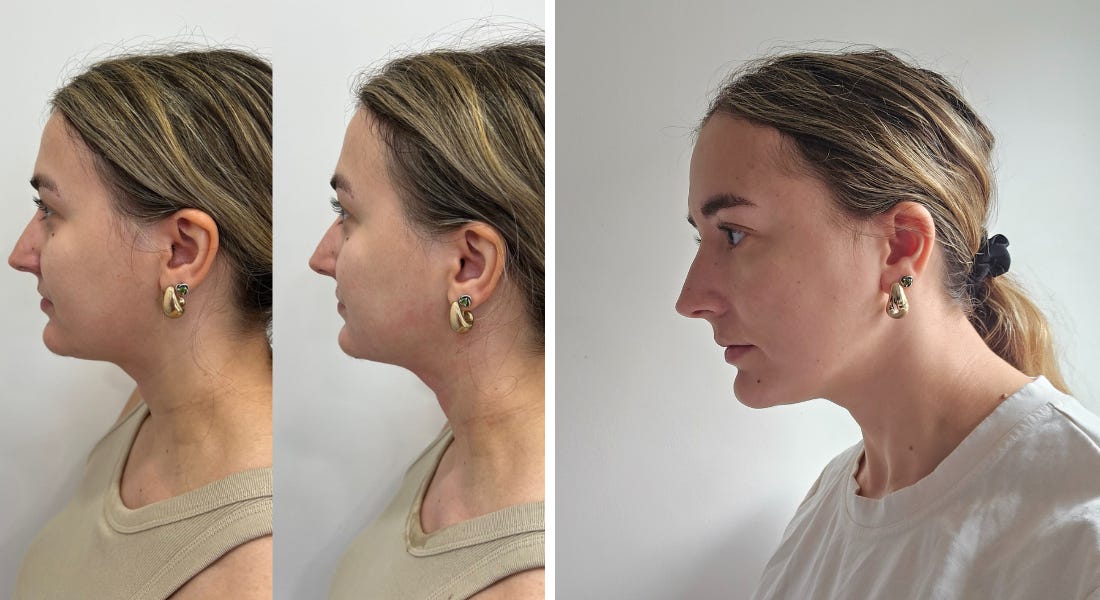 Three pictures of Eve Smallman - a composite to the side wearing a brown top, and one of her wearing a white t-shirt looking to the side