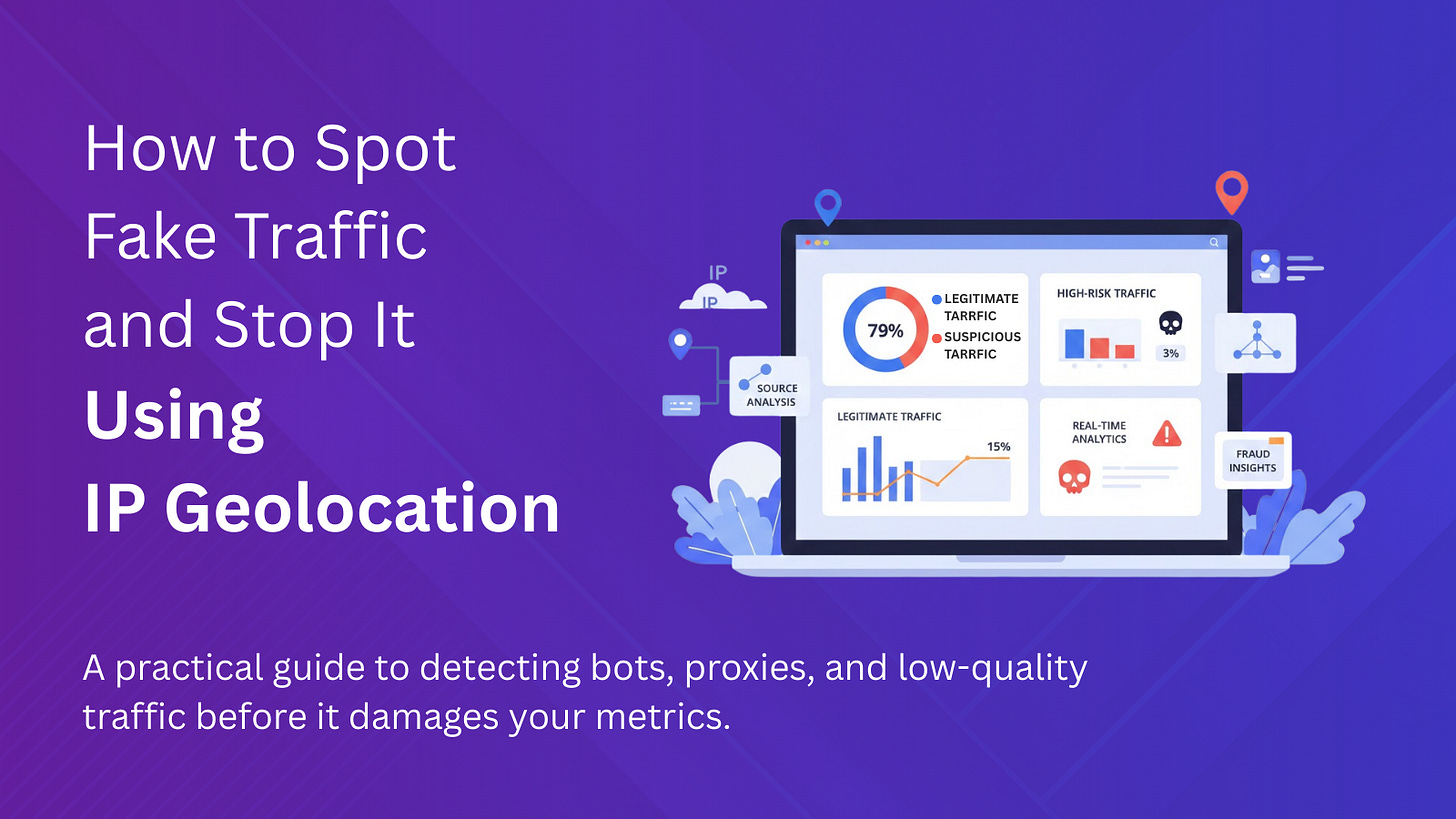 How to spot fake traffic and stop it using IP geolocation, showing a dashboard detecting bots, proxies, and suspicious traffic