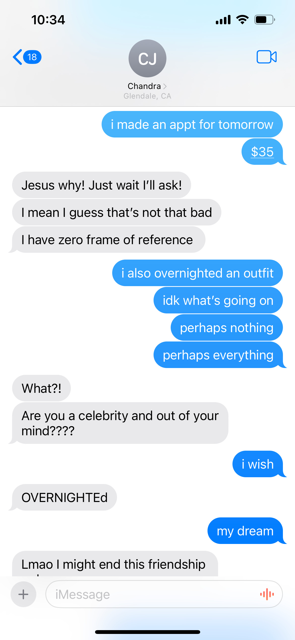 A text message with Chandra discussing the eyebrow wax and overnight shipping.
