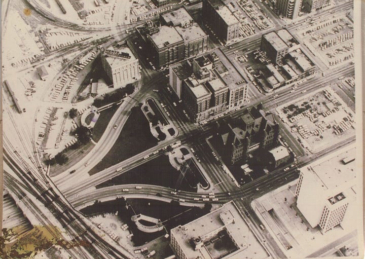 Clockwise: Aerial View of Dealey Plaza, c. 1963; "Freeway Convergence at Triple Underpass Dallas, Texas" - Commission Exhibit No. 2113; "Plan View of Freeway Convergence West of Triple Underpass Dallas, Texas" - Commission Exhibit No. 2115; "Aerial View (500 Ft. Altitude) of Freeway Convergence at Triple Underpass Dallas, Texas" - Commission Exhibit No. 2116