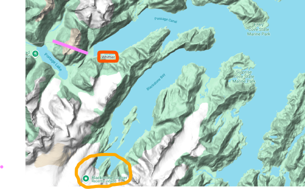 a map showing the lay of the land around Whittier a map showing the lay of the land around Whittier