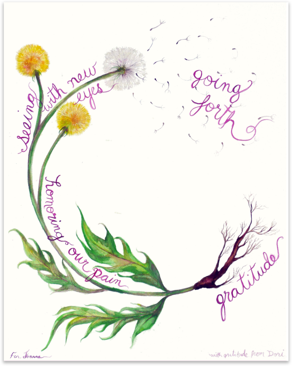 A hand-drawn dandelion representing the Spiral - the roots represent “gratitude”, the leaves represent “honouring our pain”, the flowers represent “seeing with new eyes”, and the seeds blowing in the wind represent “going forth”. A hand-drawn dandelion representing the Spiral - the roots represent “gratitude”, the leaves represent “honouring our pain”, the flowers represent “seeing with new eyes”, and the seeds blowing in the wind represent “going forth”.