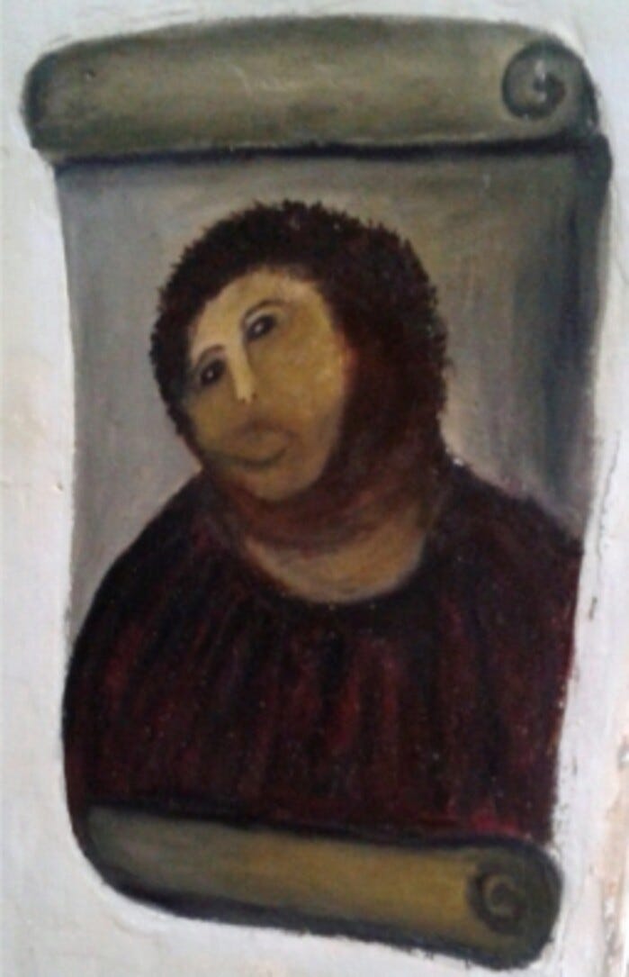 The fresco of Christ after Cecilia Gimenez's amateur restoration attempt, widely nicknamed Ecce Mono or Beast Jesus The fresco of Christ after Cecilia Gimenez's amateur restoration attempt, widely nicknamed Ecce Mono or Beast Jesus