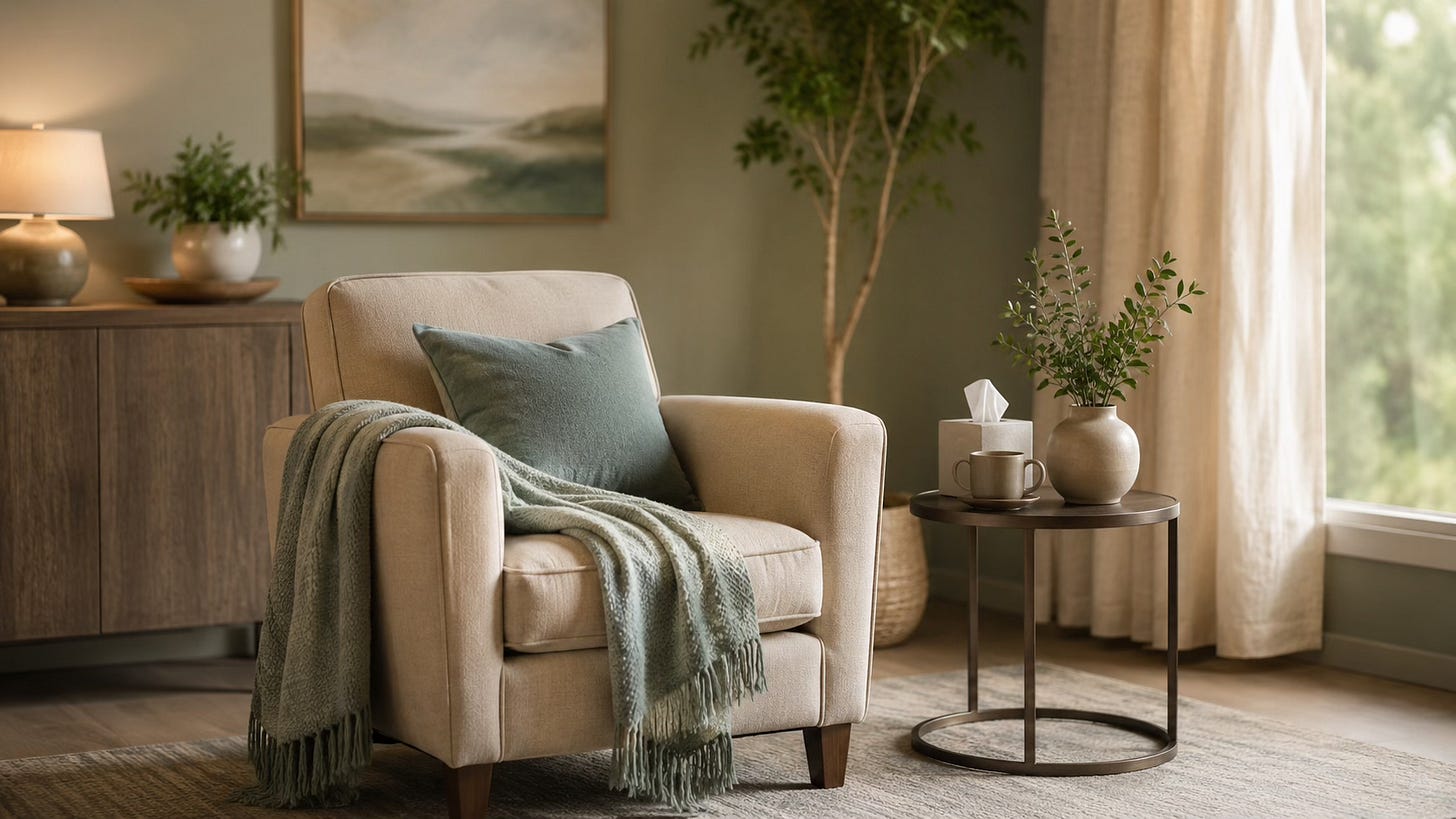 A calm, welcoming therapy space with a comfortable chair, soft textiles, and warm light.