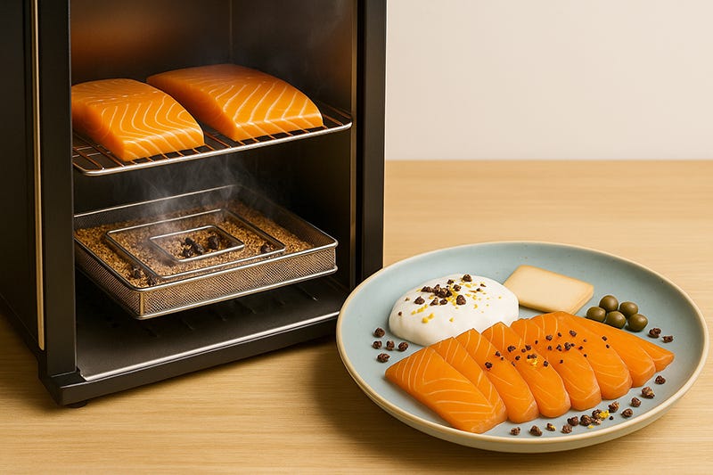 Somon afumat la rece cu rumeguș de măr, ienupăr și cacao