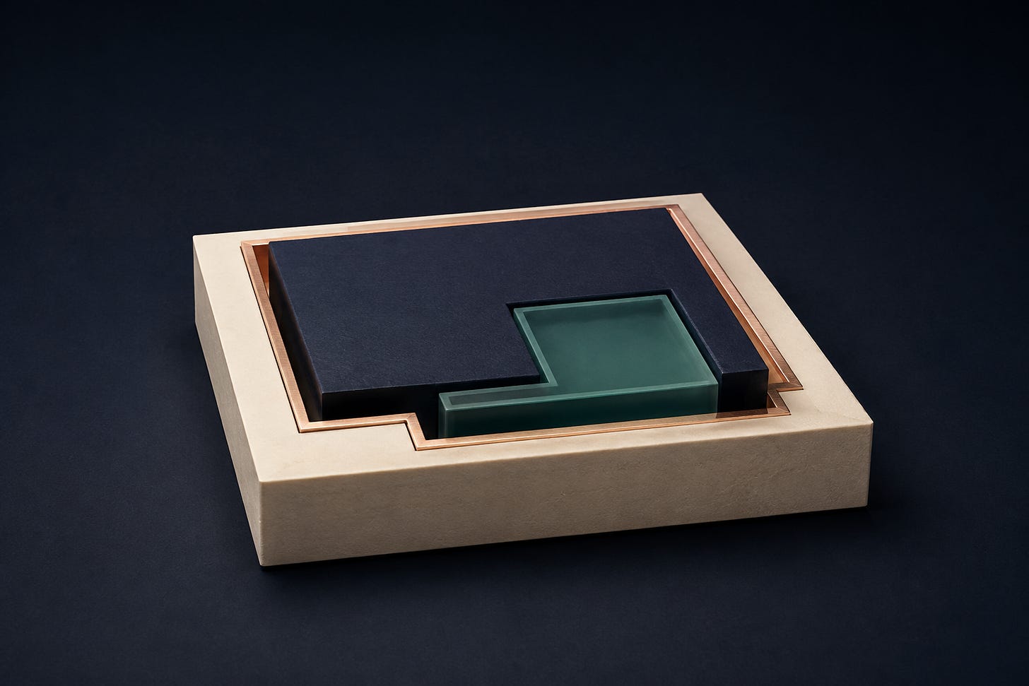 A navy architectural form and fitted teal inset sit within a shared copper outline. A navy architectural form and fitted teal inset sit within a shared copper outline.