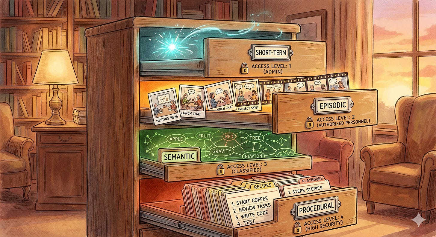 A filing cabinet with four glowing drawers representing agent memory layers. The top drawer labeled Short-Term contains a bright ephemeral spark. The second drawer labeled Episodic holds a timeline of conversation snapshots. The third drawer labeled Semantic shows a web of connected concepts. The bottom drawer labeled Procedural contains a playbook. Each drawer has a lock icon indicating different access levels.