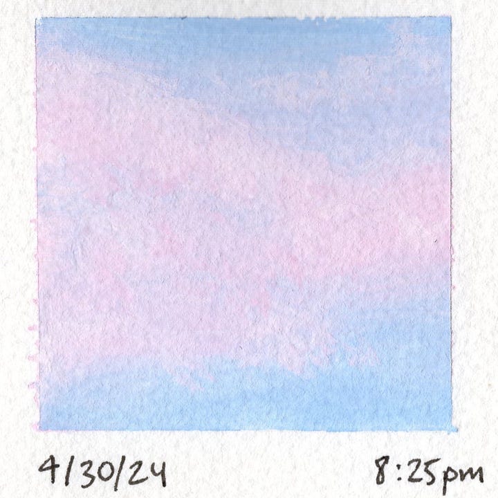 four square paintings of the sky, 1) blanket of gray with wisps of white 2) dark blue sky with puffy white clouds 3) soft pink sunset clouds on a light blue sky 4) mix of big white clouds and wispy ones on a medium blue sky