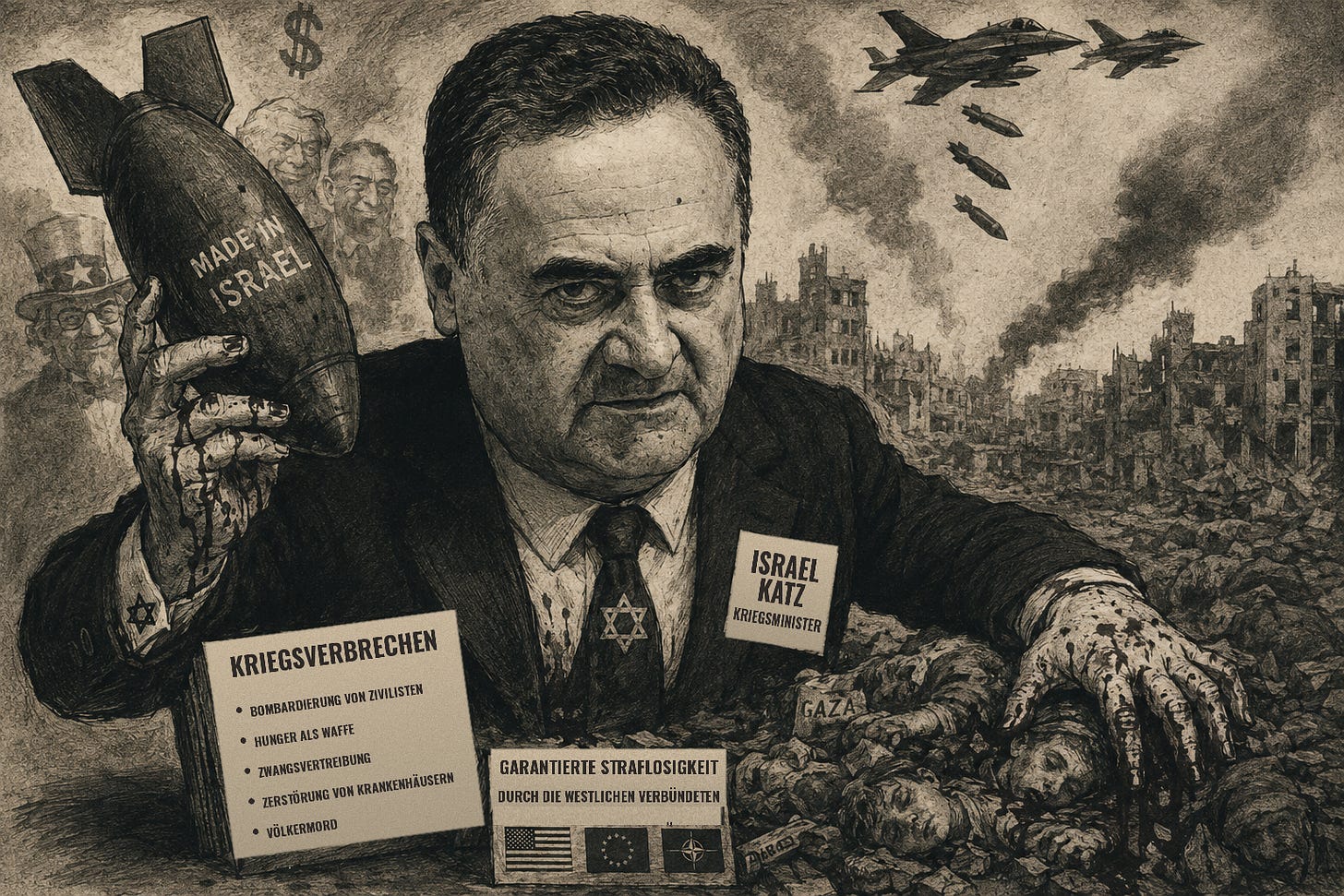 Politische Karikatur in Sepiatönen, in einem expressionistischen Stil, der an John Heartfield oder George Grosz erinnert. Israel Katz steht mit hartem Gesichtsausdruck im Zentrum des Bildes. Er schwingt eine Bombe mit der Aufschrift „Made in Israel“ über einer Landschaft aus Ruinen und Leichen, die an ein verwüstetes Gaza erinnert. Flugzeuge werfen Bomben vom Himmel ab, während Schilder im Vordergrund „Kriegsverbrechen“ und „die von westlichen Verbündeten garantierte Straflosigkeit“ anprangern.