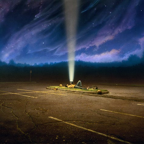 LEFT: Detail from THE ASTROPHYSICIST featuring a narrow grassy island surrounded by blacktop striped yellow for parking spaces. A man lies on his back there shining a spotlight up to the heavens. A swath of trees runs shadowy along the horizon. Above a beautiful night sky of swirling celestial clouds is interrupted only briefly by the stippling of stars. CENTER: Figure detail from THE ASTROPHYSICIST featuring a dark haired, bearded young man lying on his back. He holds a spotlight just over his chest pointed up at the heavens. Jumper cables run from a battery to the spotlight he is pointing straight up into the heavens. RIGHT: Foreground detail from THE ASTROPHYSICIST featuring the weathered blacktop of a desolate parking lot. Yellow stripes mark parking spaces next to a grassy island. One stripe is intersected near the base by the circle of a manhole cover.