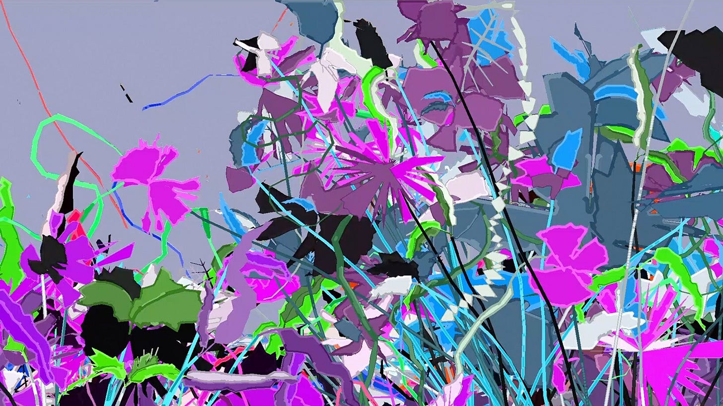 Bright abstract wildflowers with pink, purple, and green shapes and thin blue stems. Bright abstract wildflowers with pink, purple, and green shapes and thin blue stems.