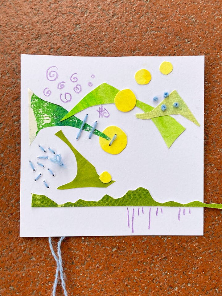Two square, abstract paper and textile collages made by Illustrator Hannah Sanguinetti demonstrating the influence of Ravenna’s mosaics on Sanguinetti’s work.