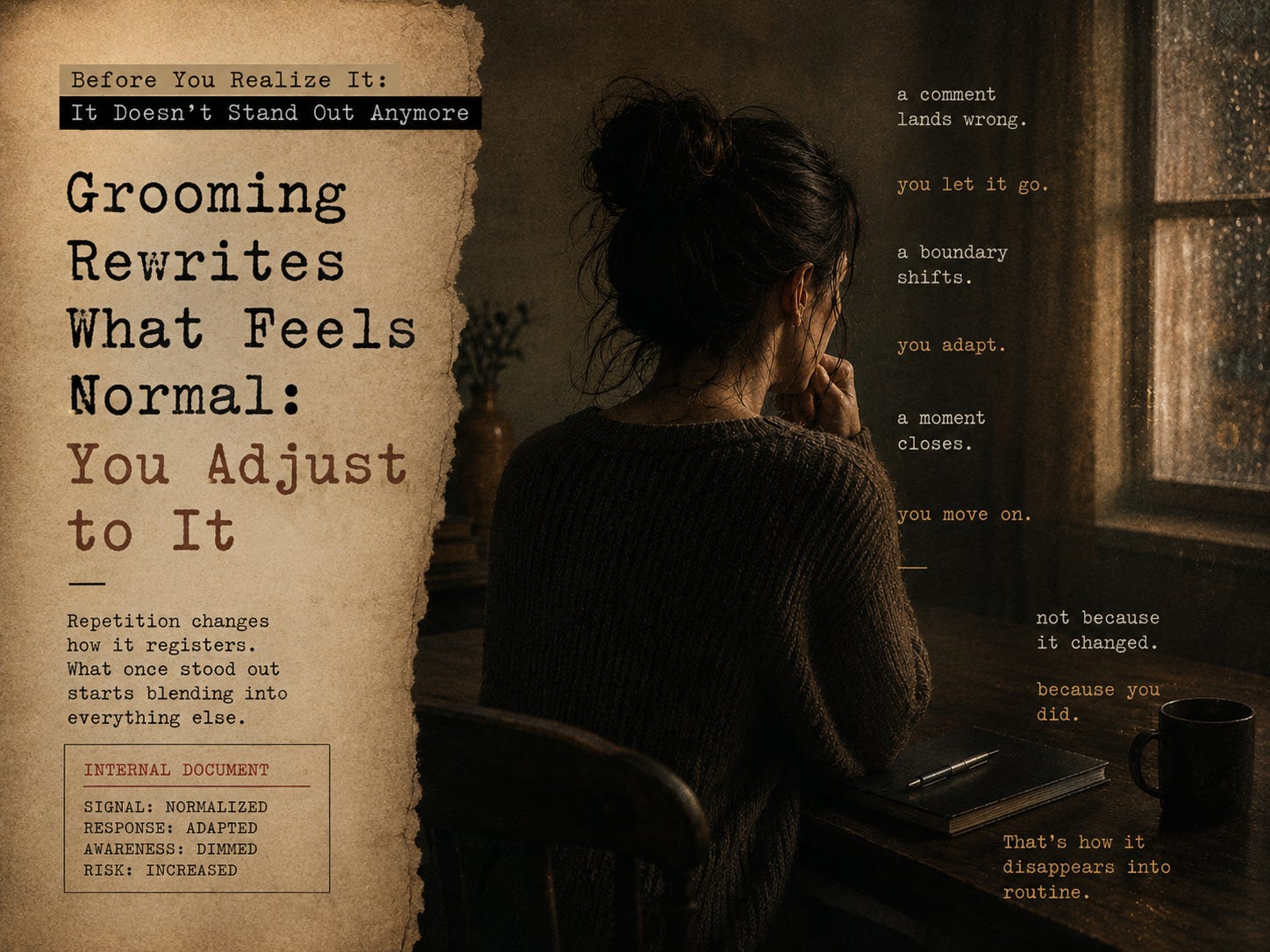 A woman sits alone at a dark wooden table beside a rain-covered window while vintage paper textures and fragmented phrases about adapting and letting things go surround her, illustrating how grooming gradually rewrites what feels normal until harmful behavior no longer stands out anymore A woman sits alone at a dark wooden table beside a rain-covered window while vintage paper textures and fragmented phrases about adapting and letting things go surround her, illustrating how grooming gradually rewrites what feels normal until harmful behavior no longer stands out anymore