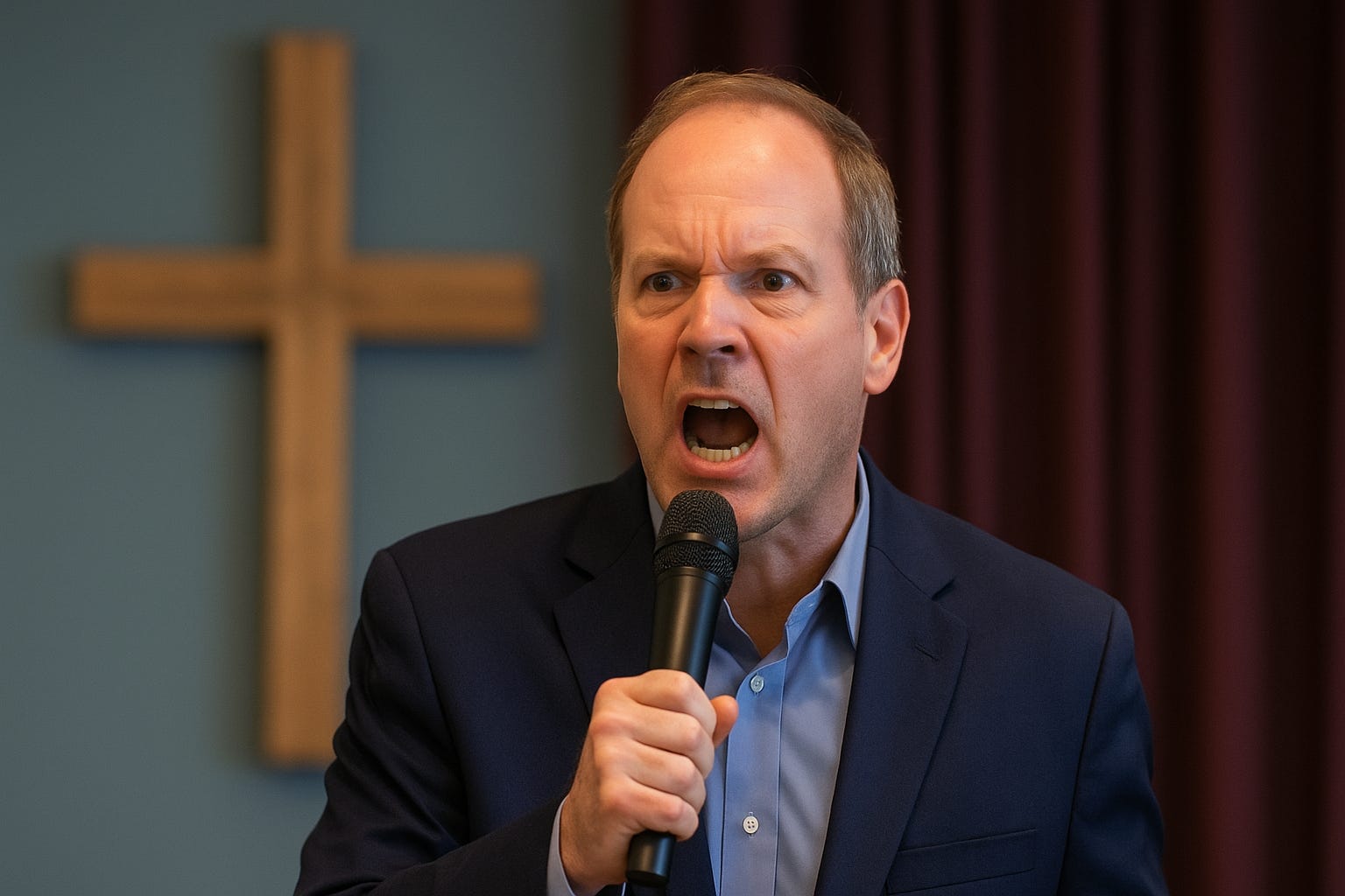 A middle-aged man in a suit angrily shouting into a microphone at a church, with a wooden cross behind him.