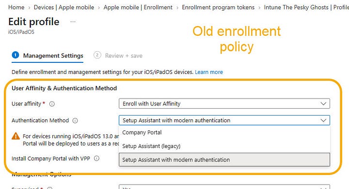 Side-by-side screenshot, old profile wizard shows the three Company Portal settings vs. the new configuration tab of the ADE policy wizard where they are missing