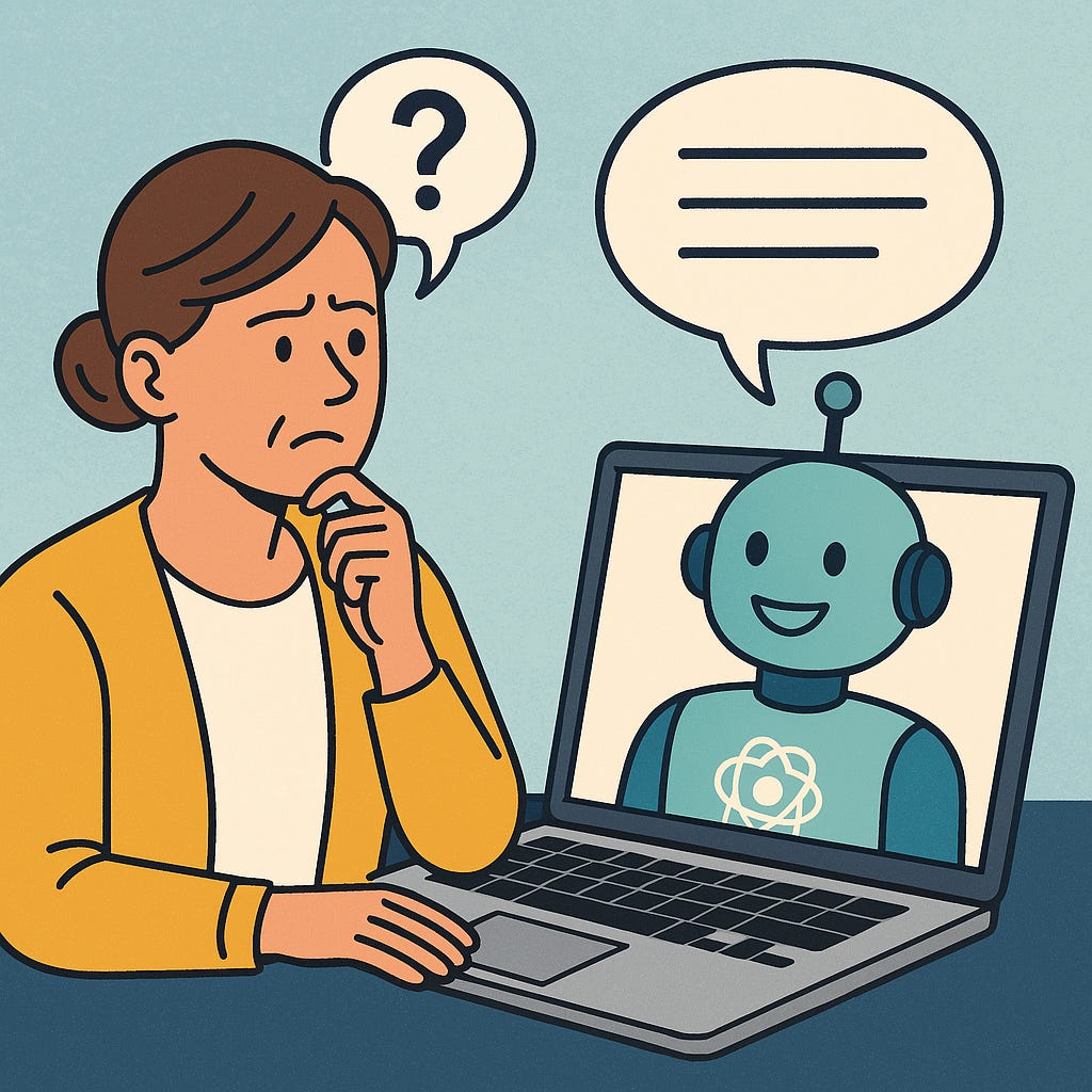 An AI generated illustration of a person looking curious or skeptical as she considers a robot on her computer screen An AI generated illustration of a person looking curious or skeptical as she considers a robot on her computer screen