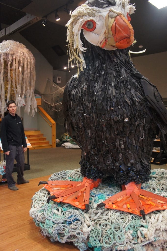 Puffin made entirely of plastic trash.